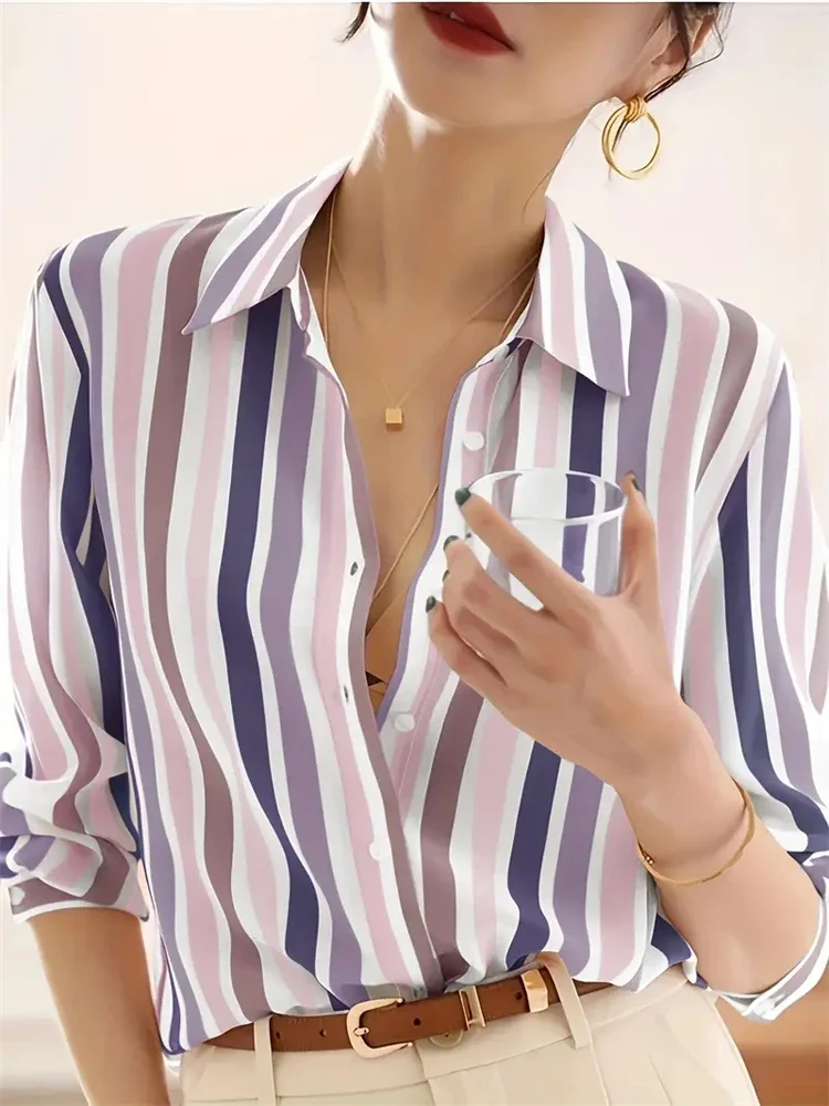 Camicie da donna di lusso alla moda Top Camicie da donna con stampa a righe texture Primavera Nuova camicia da ufficio aziendale da donna a maniche lunghe 2025