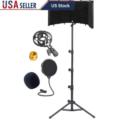 Adjustable Microphone Isolation Shield Tripod Stand Sound Dampening Foam 5 Panels Recording Studio