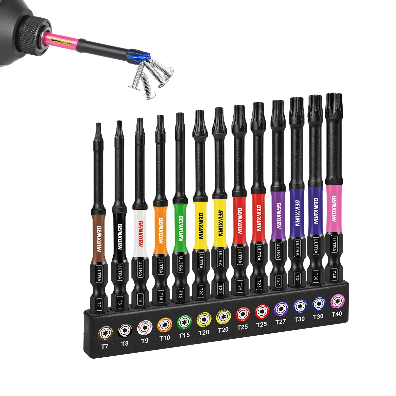 Geinxurn 13 pezzi set di punte per cacciavite Torx magnetico da 3 pollici (T7-T40), acciaio D2, set di punte per cacciavite a stella a estensione lunga con base codificata a colori