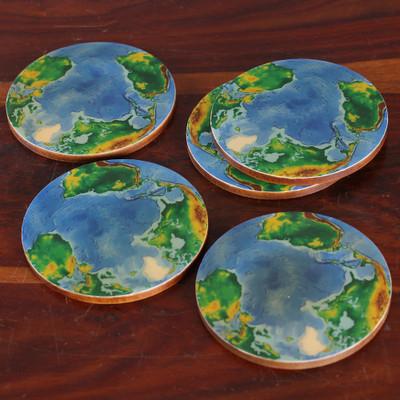 '5 Planet Earth World Map-Themed Laminated Wooden Coasters'