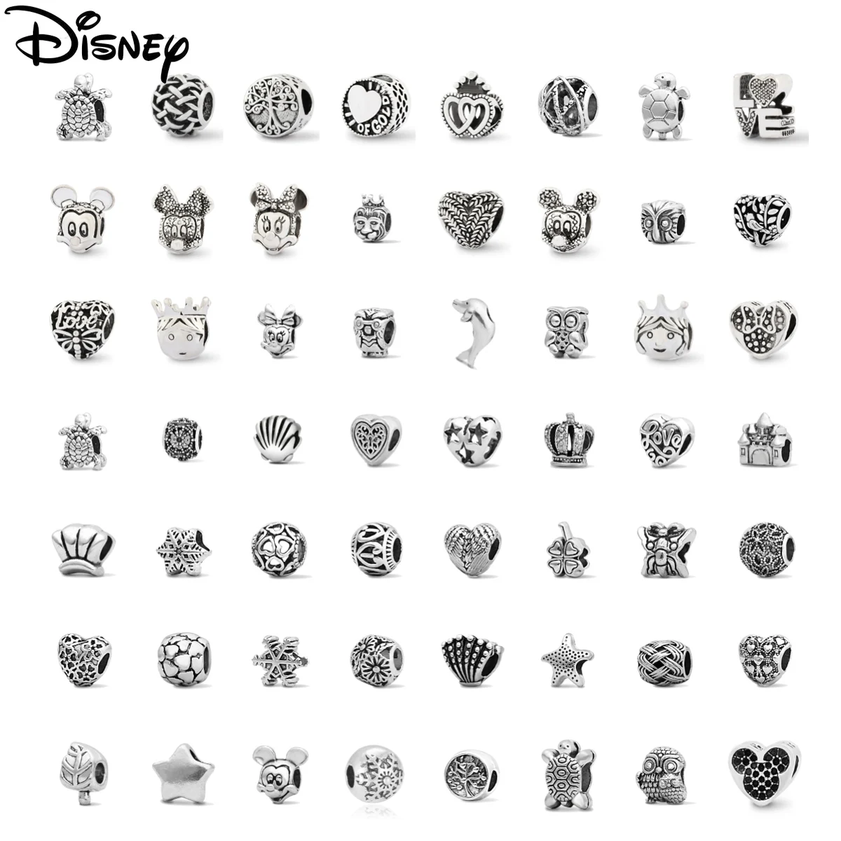 10 20 50 PCS Random MIX Style Silver Color Cartoon Disney Charm Castle Crown Turtle Dolphin Heart Bead for DIY Bracelet Keychain