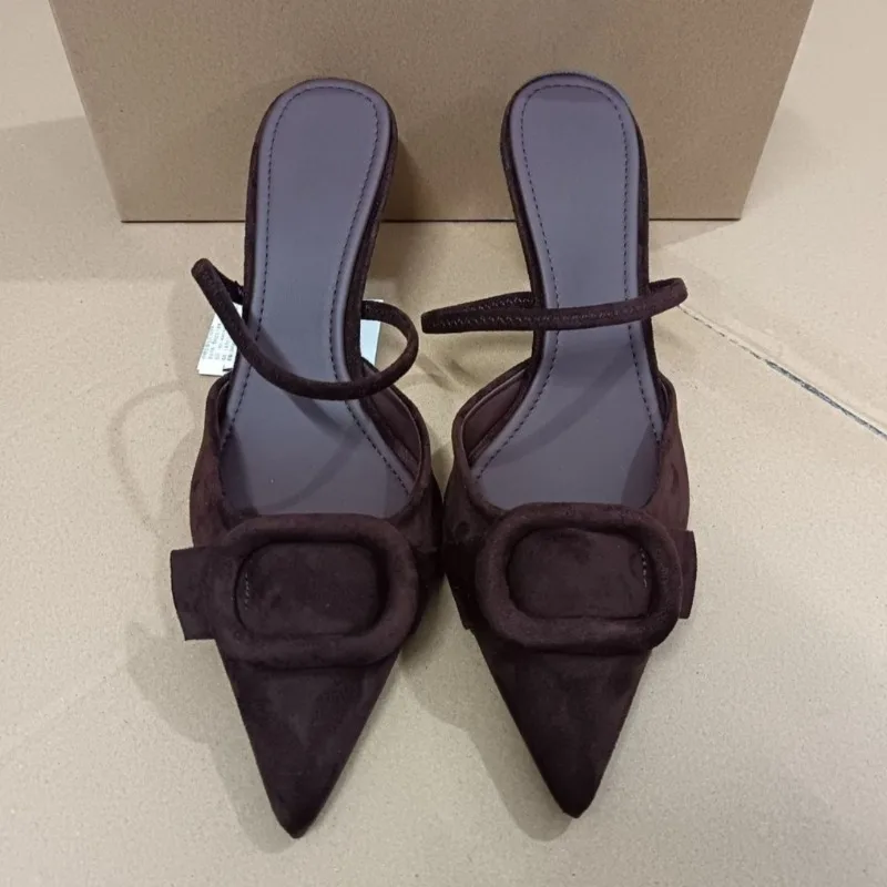 2025 High Heels Women Mules Shoes Elegant Brown Suede Pointed Toe Retro Summer Office Female Slingback Designer Modern Sandals