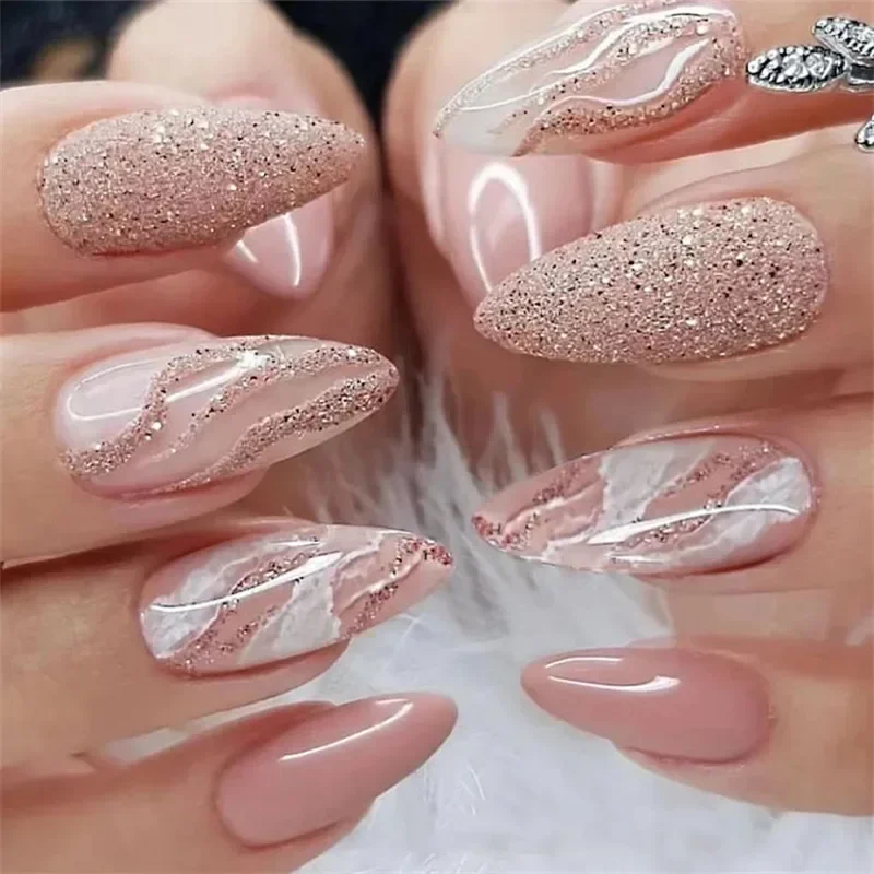 24 Teile/Set Marmorierte Tragbare Falsche Nägel Acryl Sanft Nude Pink Glitter Press on Nail Tips Abnehmbare Vollständige Abdeckung Künstliche Nägel Kunst Image