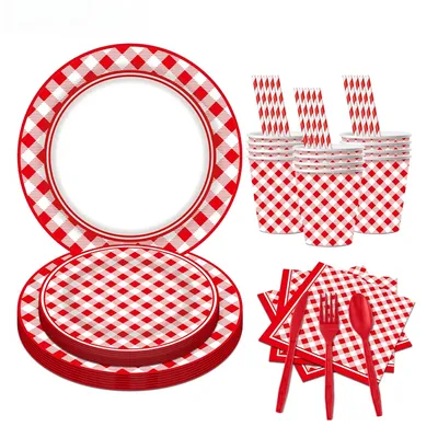 240pcs Red Checkered Party Tableware Birthday Party Disposable Paper Plates Cups Knives Forks Spoons Decorative Scenery Set