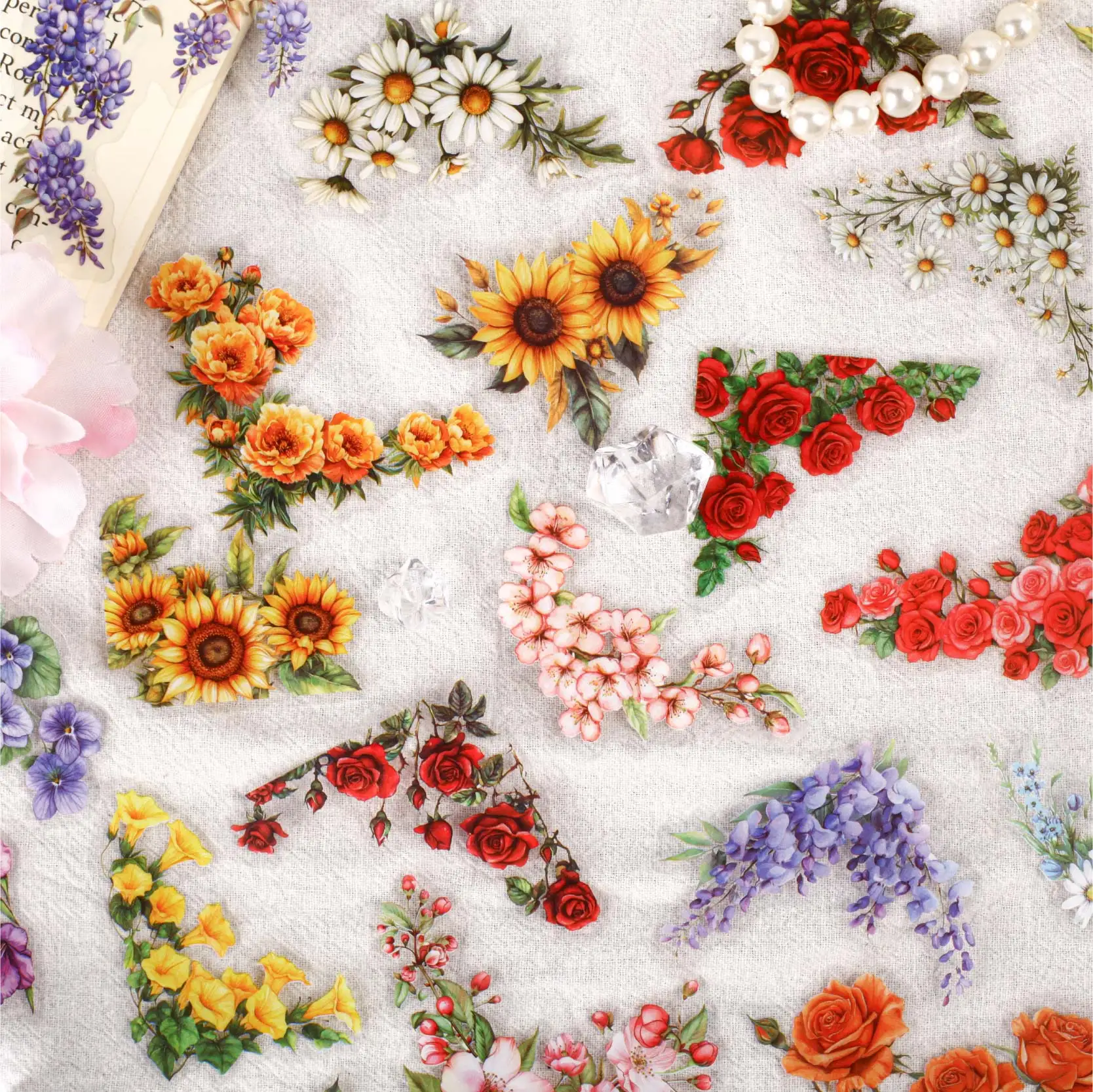 20 Stück leichte Retro-PET-Blumen-Eckaufkleber, Kunst-Collage, Junk-Journal, Dekoration, Sammelalbum, Tagebuch, Album, Schule, Schreibwaren Image