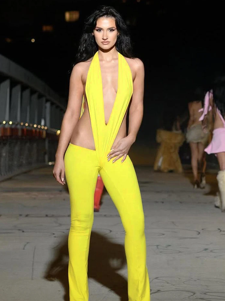 Sisterlinda Taillenlose, atemberaubende Overalls, Hipster, einfarbig, tiefer V-Ausschnitt, rückenfrei, dünn, schick, ausgeschnittene Overalls, Mujer Midnight Clubwear Image