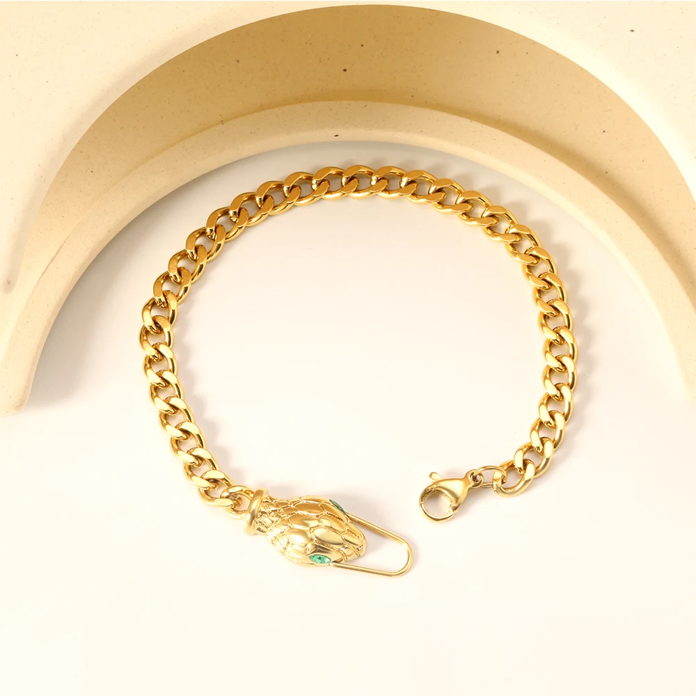Persönlichkeit Chic Gold Farbe 18 cm Armband + Schlange Kopf Grün Zirkonia Zubehör für Unisex Punk Party Mode Schmuck geschenk
