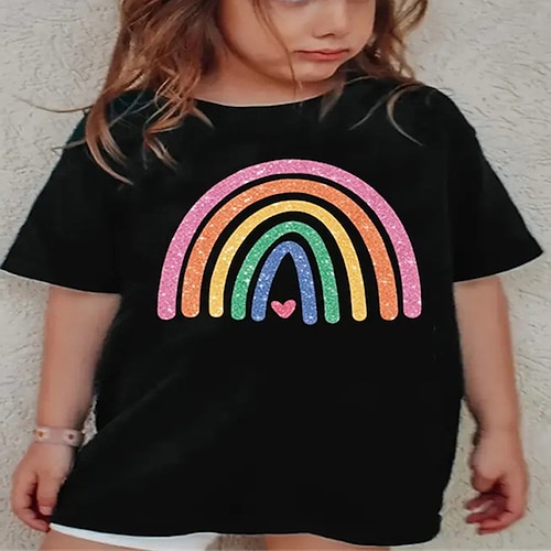 100% Baumwolle Kinder Mädchen Schwarz Weiß Regenbogen T-Shirt Rundhalsausschnitt Kurzarm Outdoor Urlaub Täglich Klassisch Lässig Druck Sommer Image