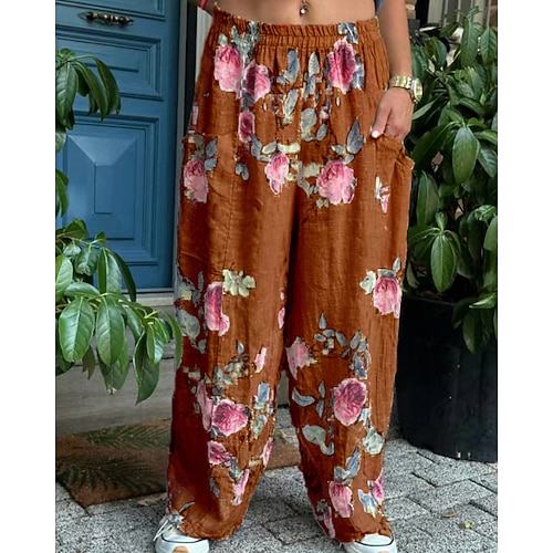 Damen Kunstbaumwollleinen Stoffhosen Streetwear Lässig Volle Länge Natürliche Taille Blume Tasche Elastischer Bund Drucken Bequem Ferien Wochenende Pfauenblau Grau Schwarz Weiß Sommer Normale Passform Image