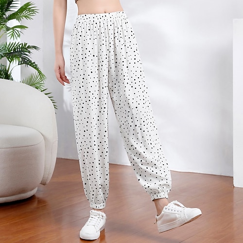 Damen Stoffhosen Lässig Boho Volle Länge Natürliche Taille Blume Drucken Bequem Außenbereich Urlaub Ausgehen Schwarzgrau Schwarz Weiß Schwarz und Weiss Schwarz Sommer Normale Passform