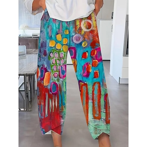 Damen Hose aus Baumwollleinen Urlaub Vintage Ethno-Stil Volle Länge Hohe Taille Kordelzug Drucken Urlaub Straße Lässig Rubinrot Rote Sommer Frühling Lässiger Schnitt Image