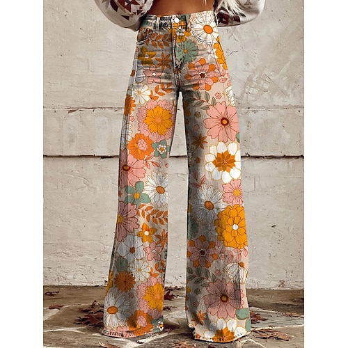 Retro Vintage Boho 1970er Hose Hose mit weitem Bein Hippie Disco Hohe Taille Blumen Jeans-Imitat Kostüm Damen Karneval Musikfestival Pride Parade Retro-Mottoparty Erwachsene Hose Image