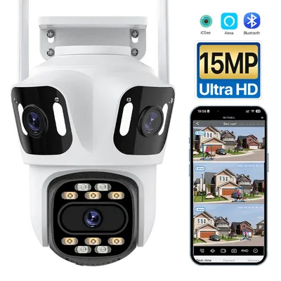 15MP HD 3-Lens 3-Screen WIFI IP Camera Outdoor 10MP Dual Lens PTZ Camera Auto Tracking Security Video Surveillance CCTV iCSee