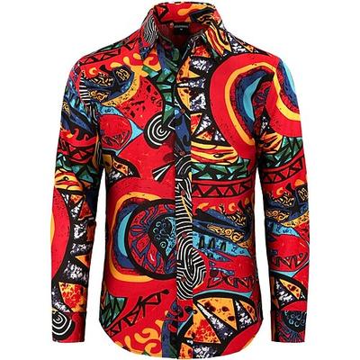 Retro Vintage Boho 1970er Hemd Hippie Stammes Afrikanisches Muster Herren Halloween Karneval Straßentanz Retro-Mottoparty Festival Erwachsene Hemd Image