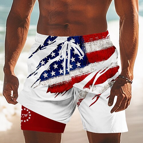 Tag der Unabhängigkeit Herren 250. Jahrestag des Unabhängigkeitstages der USA am 4. Juli US Flagge Patriotisch Gefütterte Shorts 2 in 1 Badeshorts Badehosen Mittlere Taille Ferien Seitentaschen Mit Image