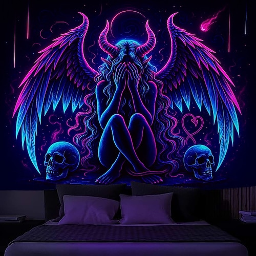 Schwarzlichthandwerk Leuchttapete Glow in the Dark Glow Party UV reaktiv Dämonen Trippy Misty hängende Wandteppich Wandkunst Wandmalerei für Wohnzimmer Schlafzimmer Image