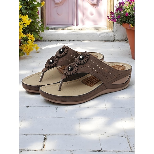 Flip-Flop-Sandalen für Damen mit Blumenverzierung – graues Keildesign mit Massage-Innensohle, atmungsaktiv und stylisch zum Entspannen im Innenhof Image