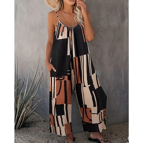 Damen Normal Overall Streetwear Blumen Ärmellos Rundhalsausschnitt Druck Straße Täglich Normale Passform Schwarz Marineblau Blau Sommer Image