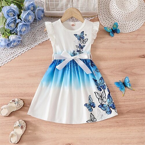 Kinder Mädchen Kleid Blumenkleid Schmetterling Ärmellos Outdoor Lässig Knotenbinde Mode Niedlich Polyester Knielang Freizeitkleid A Linie Kleid Sommer Frühling Ab 4 Jahren Blau Image