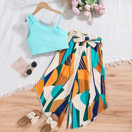 2 Stück Kinder Mädchen Farbblock Schulterfrei Tank Hose einstellen Ärmellos Täglich Schule 7-13 Jahre Sommer Blau Image