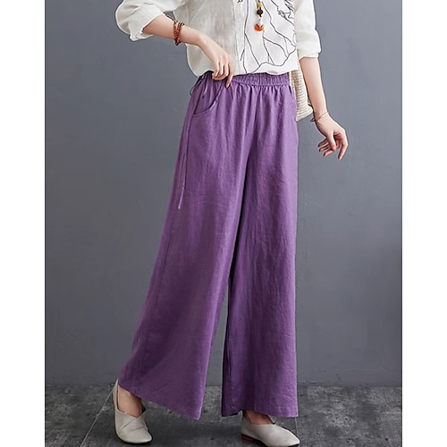 Damen Kunstbaumwollleinen Stoffhosen Streetwear Lässig Volle Länge Natürliche Taille Einfach Tasche Elastischer Bund Außenbereich Bequem Alltagskleidung Ausgehen Aprikose Schwarz Blau Purpur Sommer Image