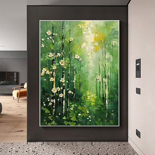 handgemachtes original grünes Waldölgemälde auf Leinwand abstrakte Baumlandschaft Wandkunst für Wohndekoration mit gespanntem Rahmen ohne Innenrahmen Gemälde Image