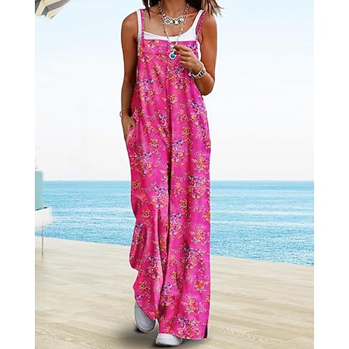 Damen Normal Overall Lässig Blumen Ärmellos U-Ausschnitt Tasche Druck Straße Täglich Normale Passform Blau Purpur Fuchsie Sommer Image