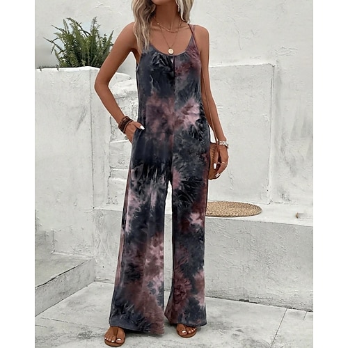 Damen Normal Overall Streetwear Batik Ärmellos U-Ausschnitt Druck Straße Täglich Normale Passform Blau Braun Sommer Image