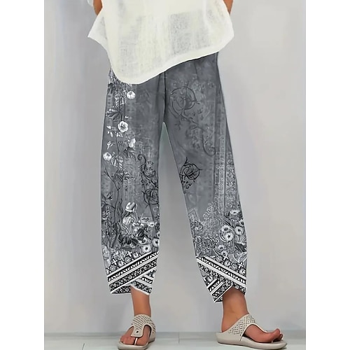 Damen Weites Bein Chinos Baggy-Hosen Strandshorts Urlaub Vintage Ethno-Stil Knöchellang Hohe Taille Blumen Grafik Drucken Thermowarm Weich Atmungsaktiv Mikroelastisch Lässig Täglich Urlaub Asche Image