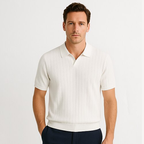 Herren Polo Strick-Polopullover Lässig Geschäft V Ausschnitt Kurzarm Formell Einfarbig Neuheit Sommer Ganzjahres Weiß Polo Image