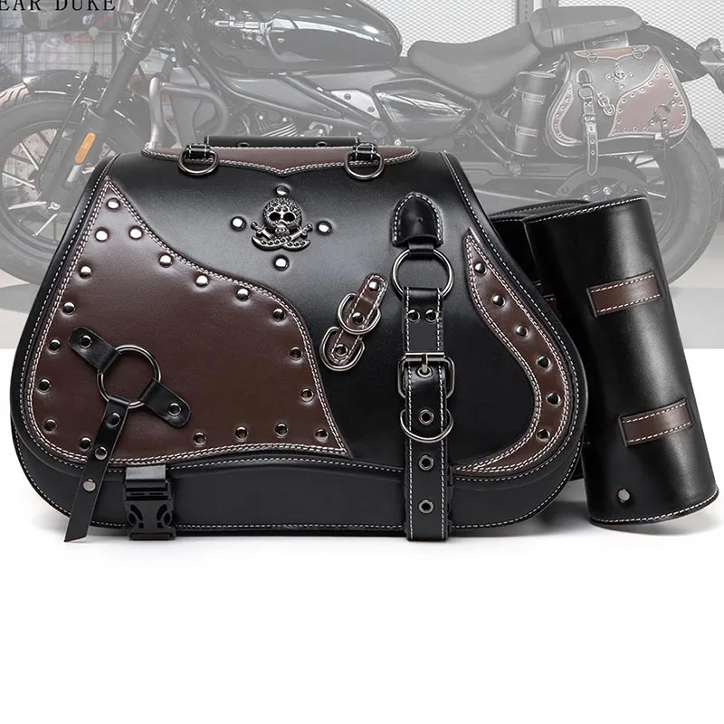 Sacs de selle de moto avec porte-gobelet, sac latéral de moto rétro, sac suspendu de moto crâne noir pour moto Harley