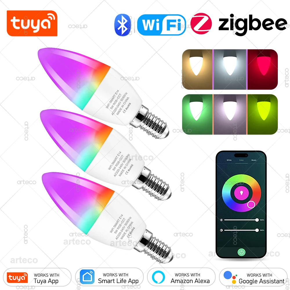 Tuya E14 Bluetooth WiFi Zigbee Smart LED Lampadine Dimmerabili E14 RGB 2700-6500K Lampada a candela a LED per Smart Life APP Alexa Google