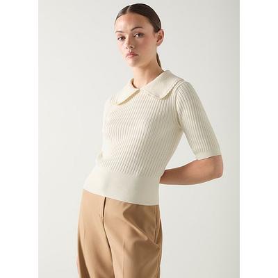 Ophelia Ivory Cotton Scallop Collar Ribbed Knitted Top, Ivory