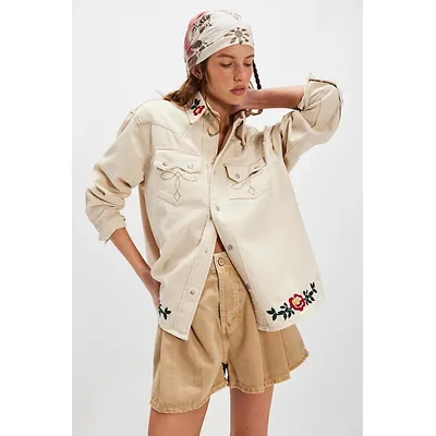 Profound Western Floral Denim Shirt at Free People in Ivory Denim, Size: XL