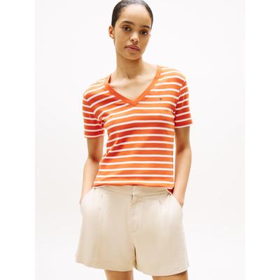 T-Shirt TOMMY HILFIGER "CODY, Slim Fit", Damen, Gr. S (36), classic breton orange, ecu, Jersey, Obermaterial: 100% Baumwolle, gestreift, casual, schmal hüftlang, tiefer V-Ausschnitt, Kurzarm abgesteppt, Shirts, mit V-Ausschnitt Image