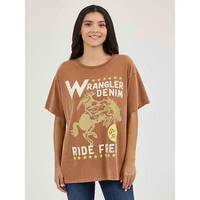 Wrangler Womens Acid Wash Graphic Oversized Tee Free Caramel Size XXL