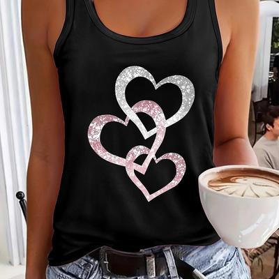 TEMU Women's Top With Three-heart Print - Casual Sleeveless Hosiery, Blue With Glitter Hearts, Polyester, Machine Washable, Spring & Image