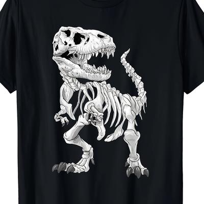 TEMU Men's Skeleton Dinosaur Graphic T-shirt - Soft Cotton, Black With White Dinosaur Print, Casual Crew Neck, Short Sleeve, Wear, Dinosaur Clothes Image