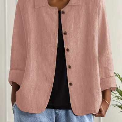 TEMU Women's Lightweight Gray Button-up Jacket With Red Accents - Casual Long Sleeve Collared Outerwear, Machine Washable, Style, Versatile Clothing, Notched Lapel Design, Texture Fabric Image