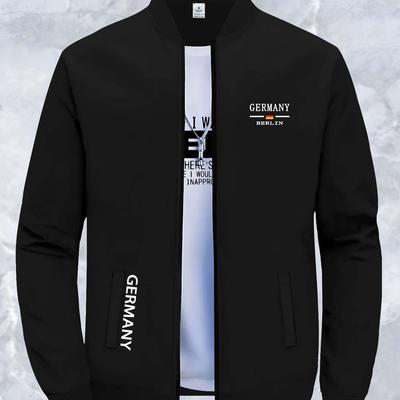 TEMU Men's Casual Polyester Jacket With Stand Collar, Germany Print, , Stretch Knit Fabric, Zipper Closure, Pocket Detail, For Fall/winter Collection Image