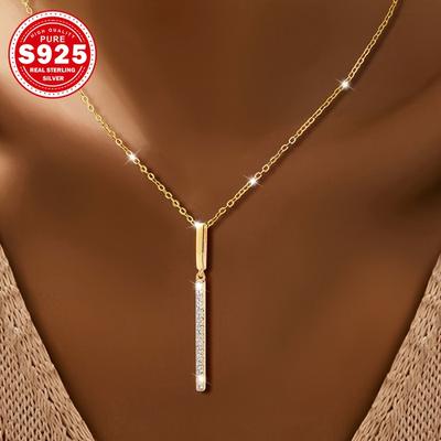 TEMU Elegant S925 Silvery Bar Necklace With Zirconia Inlay – Vintage Design For Banquets, Festive Events & Special Occasions, Premium Gift For Her, Hypoallergenic Image