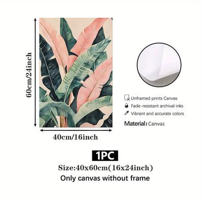 TEMU 1pc Vintage Watercolor Banana Leaves Canvas Poster, Pink And Green Tropical Plant Wall Art, Ideal For Living Room, Bedroom, Office Decor, Perfect Gift Image