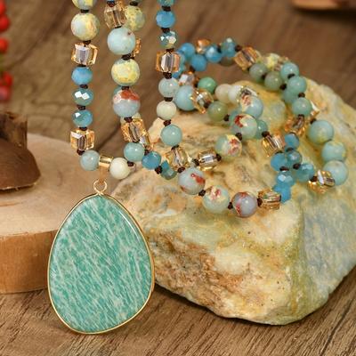 TEMU 1pc Bohemian Fashion Amazonite Stone Pendants Long Necklace Women Jewelry Perfect Gifts For Spring/summer Casual Attire, Day Gift Holiday Jewelry Image