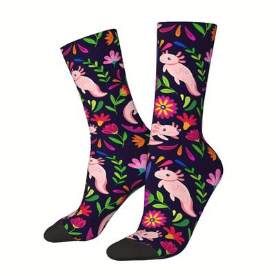 TEMU Axolotl Pattern 3d 1 Pair Men's Novelty Mid-calf Crew Socks, Breathable Comfy Casual Socks All- Fashion Sports Socks As Holiday Gifts Image