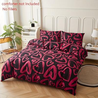 TEMU 3pcs Duvet Cover Set, Red Heart Pattern, Ultra Soft Light Beige-friendly Bedding For All , Suitable For Bedroom And Living Room Or Hotel Use, 1 Duvet Cover And 2 Pillowcases, Filling Not Included Image