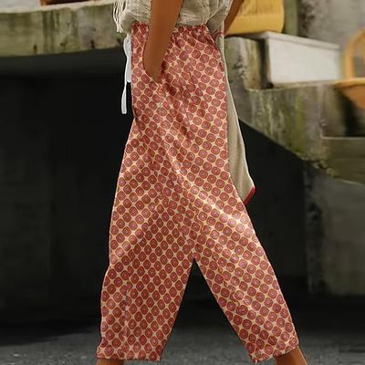 TEMU Ladies' Printed Checkered Casual Pants, Summer Long Trousers, Comfortable And Breathable, With Pockets, Elastic Waist Straight-leg Pants. Image