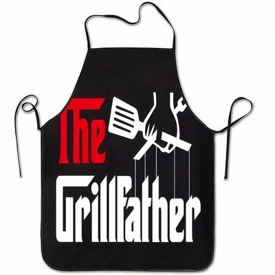 TEMU 1pc The Parody Logo Printed Sleeveless Polyester Apron - Black Kitchen Apron With Adjustable Neck Loop & Waist Ties, Easy-clean For Bbq Grilling, Baking, Cooking, Grill Accessories Image