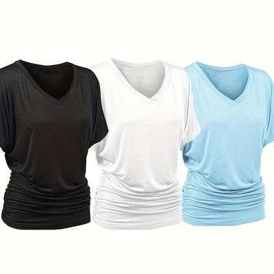 TEMU Set Of Casual And Stylish Solid Color Short-sleeve T-shirts For Women With A Pleated V-neck. Image
