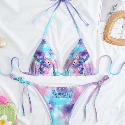TEMU 2pcs Stitch & Angel Sexy Cartoon Bikini Set - Soft Polyester And Spandex, Light Blue And Pink, Adjustable Straps, Beach And Vacation, Set| Design Elastic Fabric, Bikini Sets For Women Image