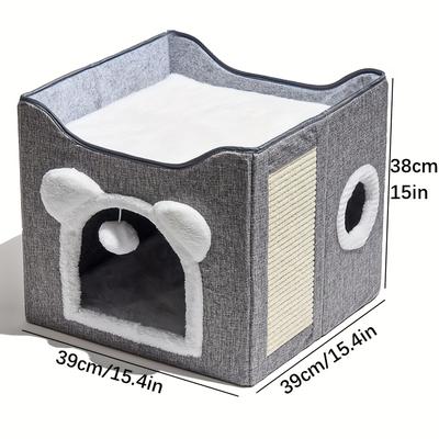 TEMU Luxury Double-layered Cat Nest With Sisal Scratching Post, Foldable And Enclosed Design, Large Space For Cats - All Image